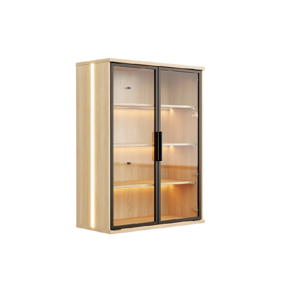 Modern Glass Display Cabinet with LED Lighting and Wooden Frame